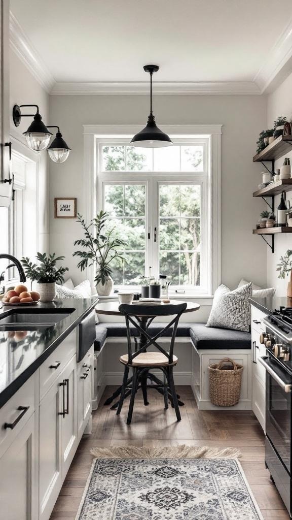 Cozy breakfast nook with black countertops and white cabinets, featuring a bench, table, and plants.