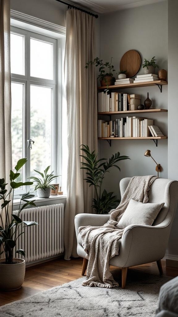 A cozy reading nook featuring a soft armchair, a warm blanket, and a bookshelf with plants.