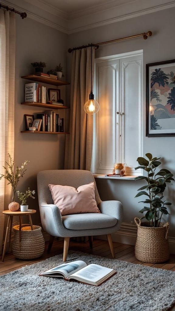Cozy reading nook with a gray chair, side table, bookshelves, and warm lighting