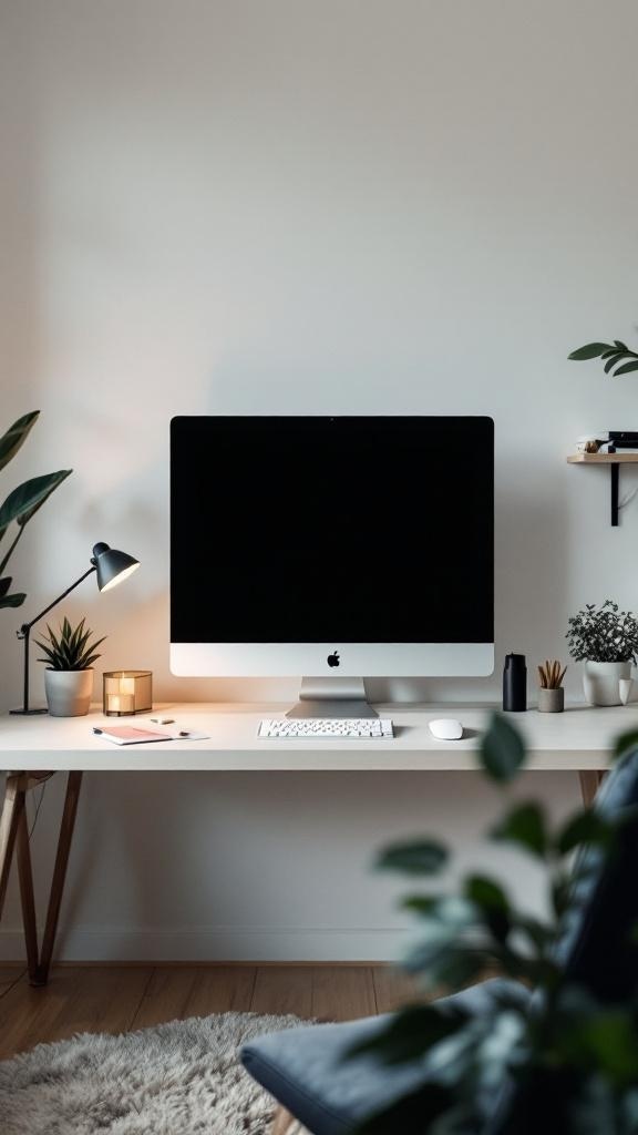 A clean home office setup featuring an iMac, plants, and soft lighting.