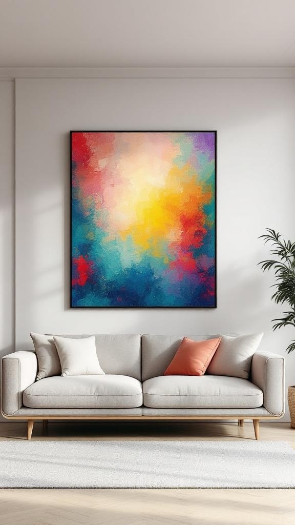 A vibrant abstract artwork above a light-colored sofa in a small living room