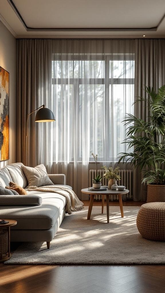 Cozy small living room with a sofa, coffee table, and plants creating defined zones.