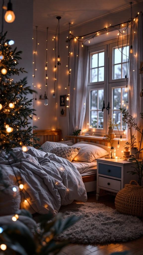 A cozy bedroom with warm string lights, a pendant light, and a bedside lamp, creating a welcoming atmosphere.