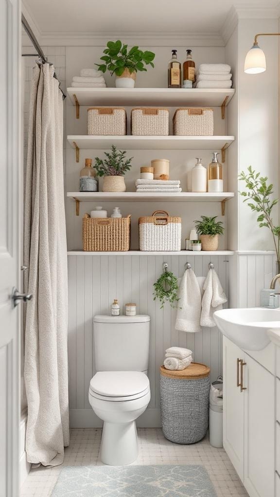 A well-organized bathroom featuring open shelves with baskets, toiletries, and plants, showcasing creative storage solutions.