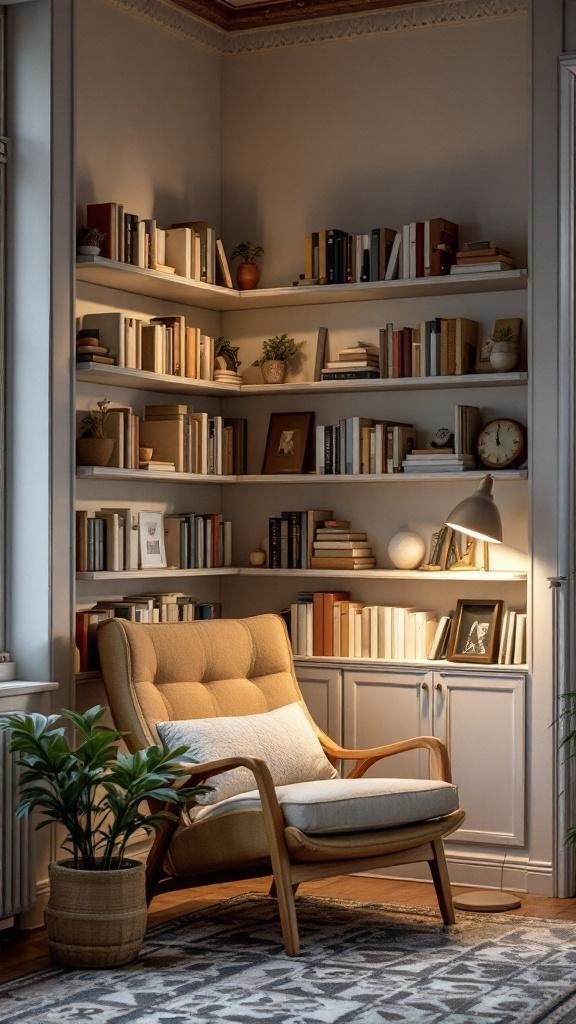 Cozy corner home library with bookshelves, a comfortable chair, and a lamp.