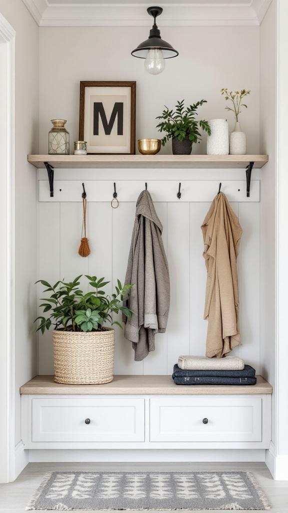A modern entryway featuring a shelf with decorative items, hooks for coats, a plant, and a bench with storage drawers.