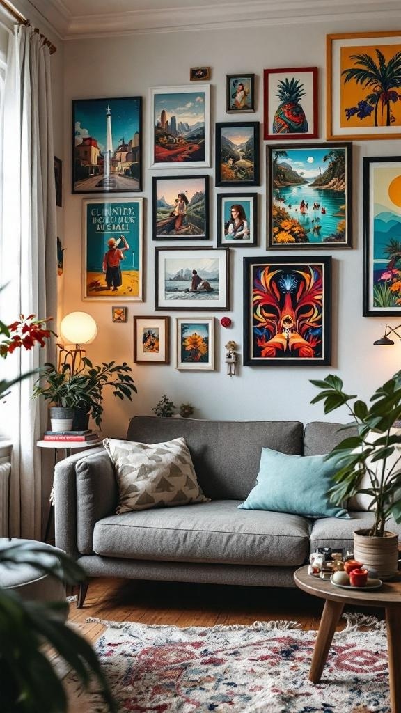 A cozy small living room featuring a gallery wall with various colorful artworks, a gray sofa, and indoor plants.
