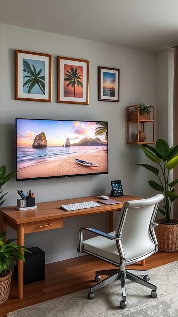 A stylish home office setup featuring motivational wall art and a modern desk with a computer.