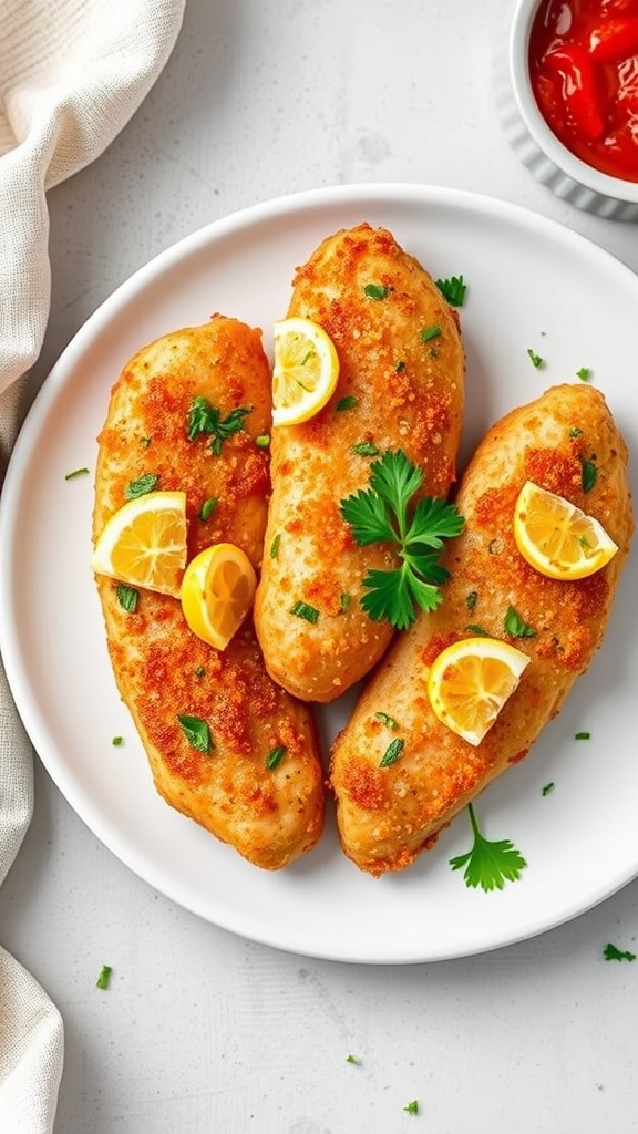 Crispy Parmesan Chicken Tenderloins on a white plate garnished with herbs and lemon.