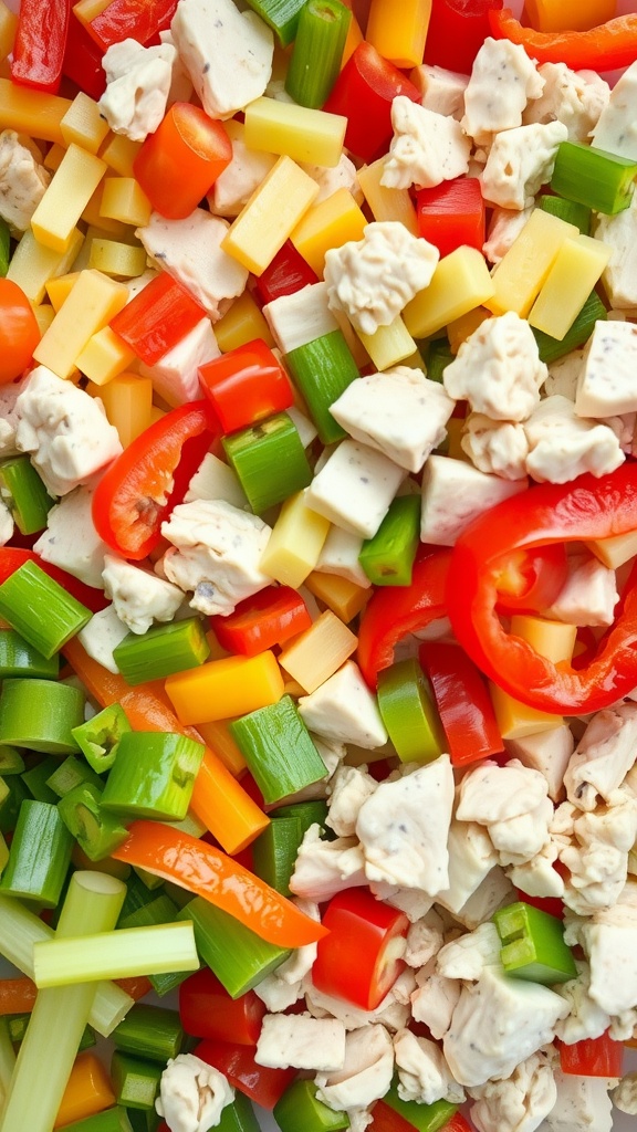 A vibrant classic chicken salad with colorful vegetables and crunchy add-ins