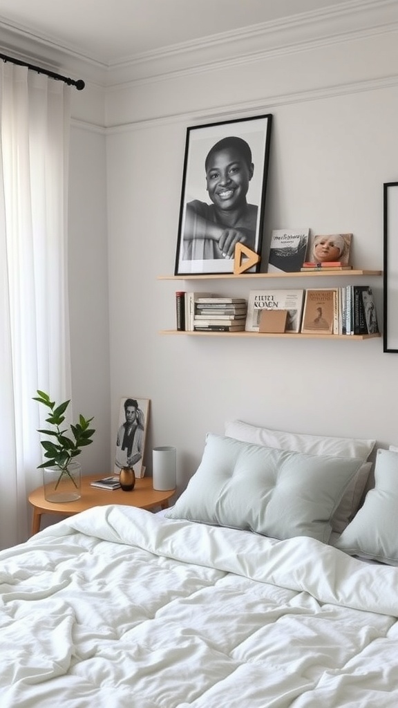 A minimalist bedroom featuring a curated book display on a shelf, a plant on a nightstand, and a cozy bed.