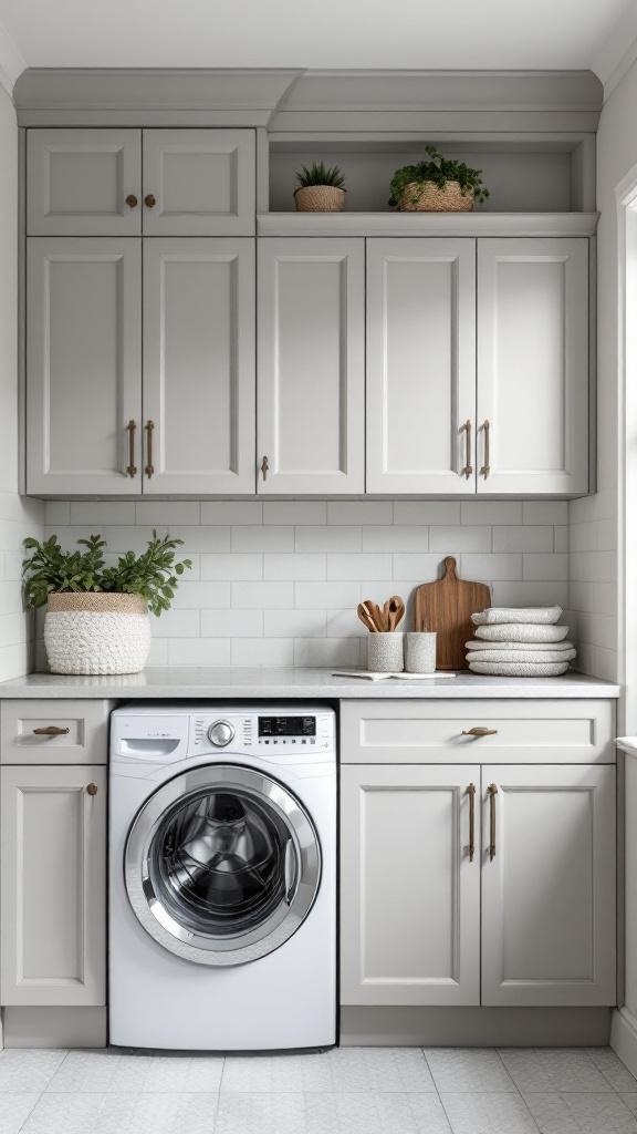 A stylish Mudroom Laundry Room featuring customizable gray cabinets, a washing machine, and decorative items.