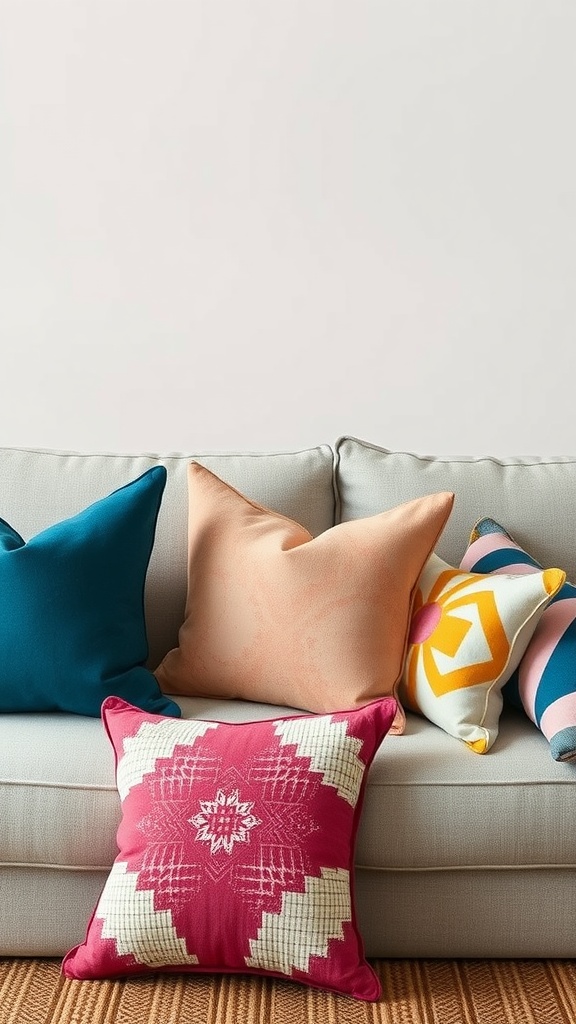 A cozy sofa with a variety of colorful throw pillows in different shapes and patterns.