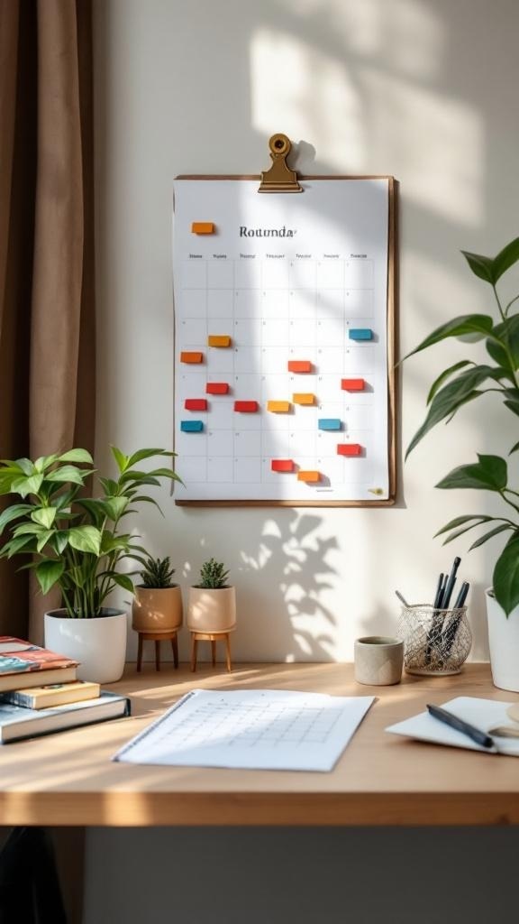 A well-organized work from home office with a calendar, plants, and books on a desk.