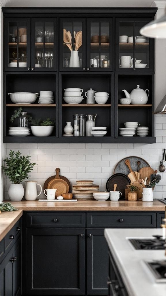 A kitchen featuring dark cabinetry with glass inserts, showcasing dishware and glassware, with wooden shelves and a warm atmosphere.