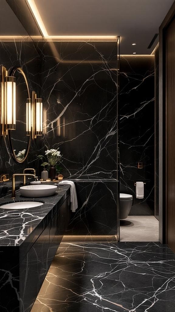 A modern bathroom featuring dark marble countertops, warm lighting, and elegant fixtures.