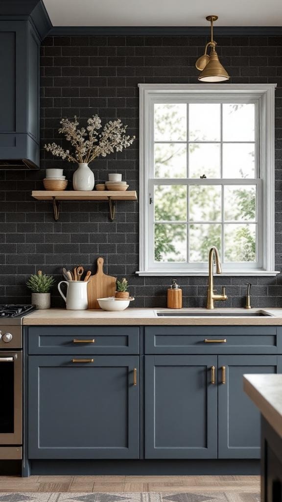 A kitchen featuring a dark toned backsplash with black tiles, light wood shelves, and modern fixtures.