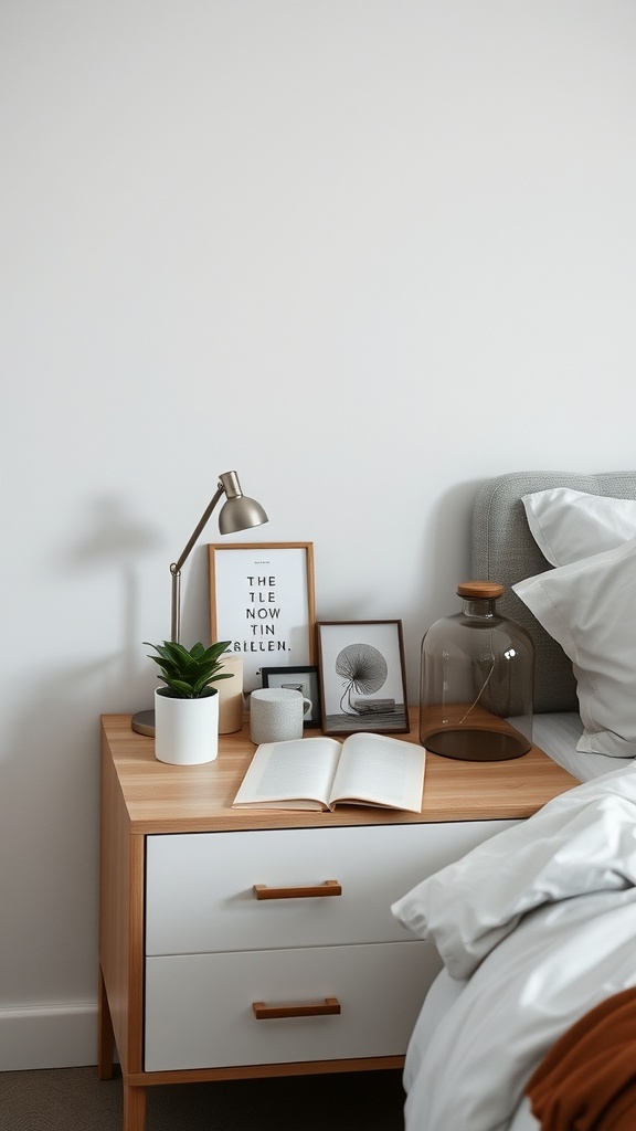 A minimalist nightstand with a lamp, plant, book, and decorative items.