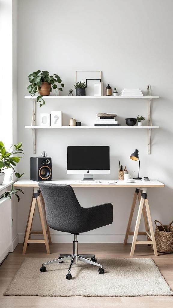 A minimalist work from home office with a clean desk, computer, and plants.