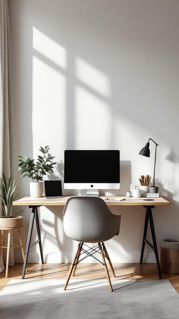 A minimalist work from home office with a clean desk, computer, and plants.