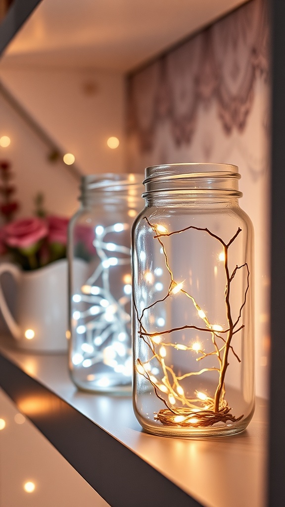 Two glass jars filled with warm and cool fairy lights placed on a shelf