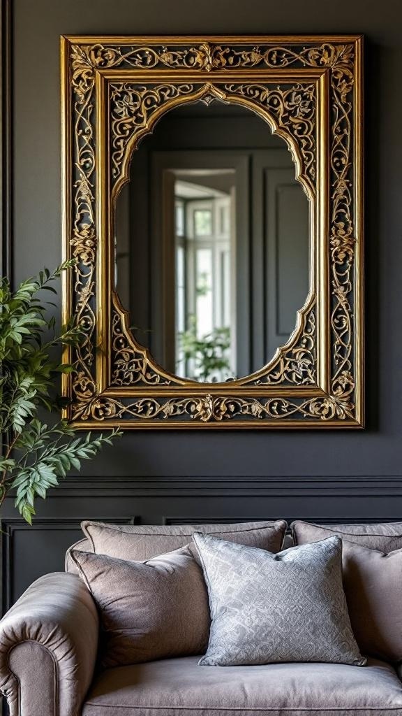 A decorative wall mirror with an intricate gold frame above a sofa in a stylish living room.