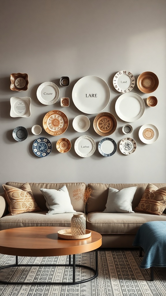 A collection of decorative wall plates arranged on a wall above a sofa in a cozy living room.