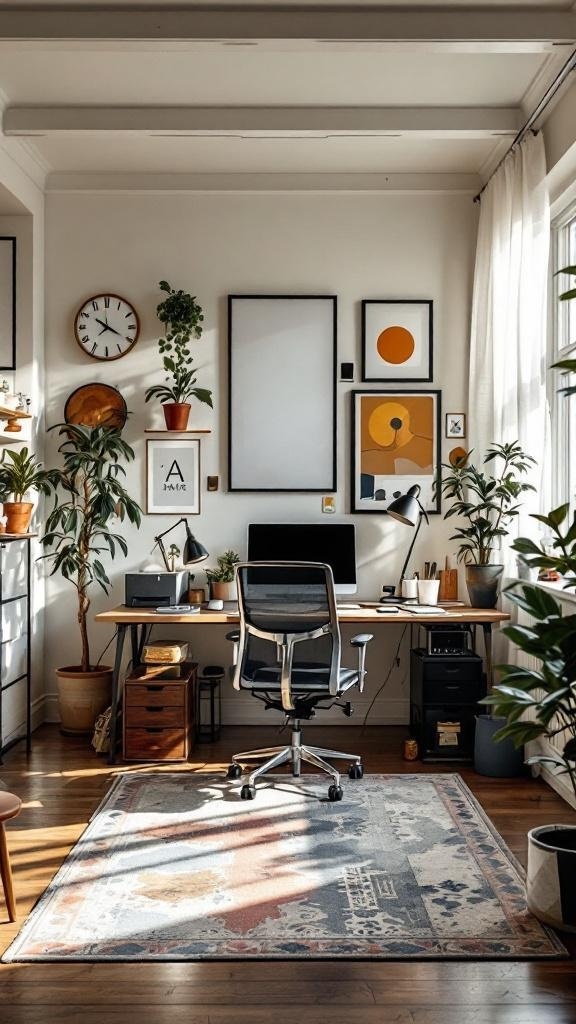 A well-organized home office with a desk, computer, plants, and artwork.