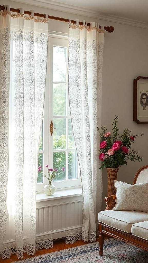 A cozy living room with delicate lace curtains framing a window, a comfortable chair, and a vase of flowers.