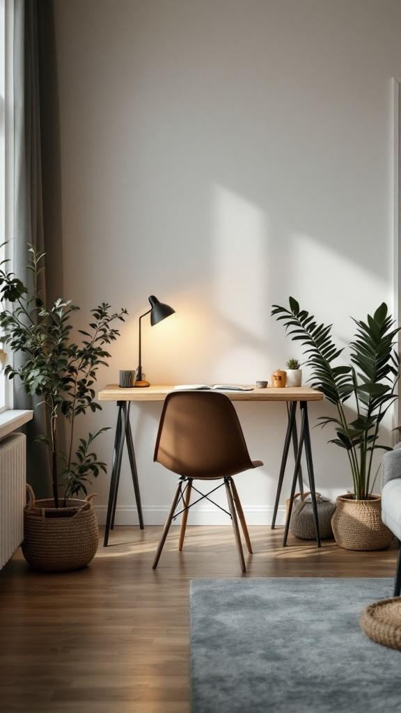 A small workspace in a living room featuring a wooden desk, a chair, a lamp, and plants in woven baskets.