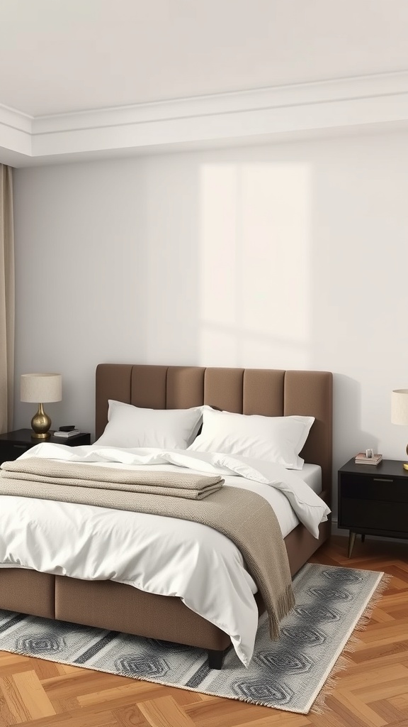 Minimalist bedroom featuring a soft brown padded headboard, layered bedding, and dark nightstands.