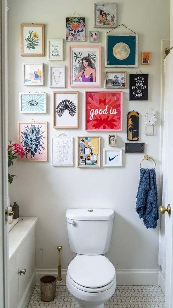 A colorful bathroom wall decorated with various DIY art pieces, including prints and drawings.