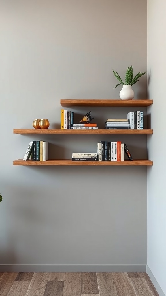 Image of modern floating shelves with books and plants on a gray wall.