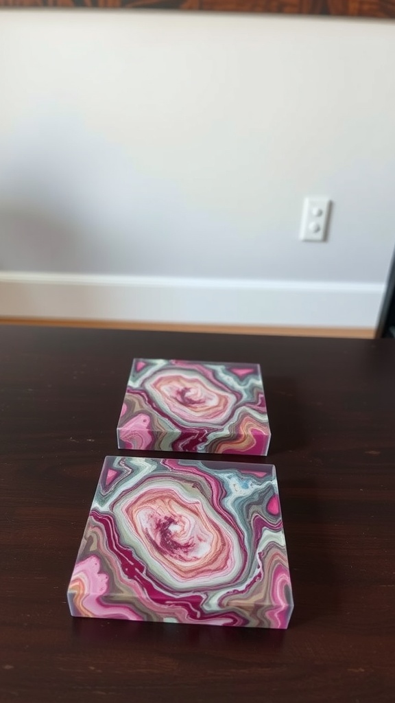 Two colorful resin art coasters with swirls of pink, gray, and white on a wooden table.