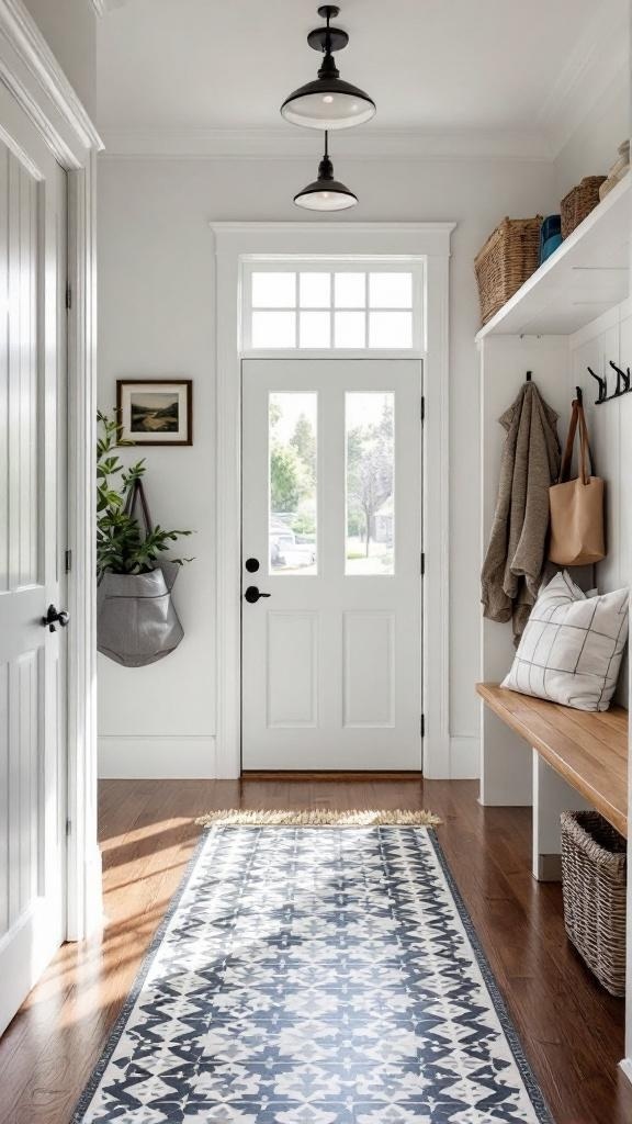 A stylish mudroom with hardwood flooring, a patterned runner, and organized storage.