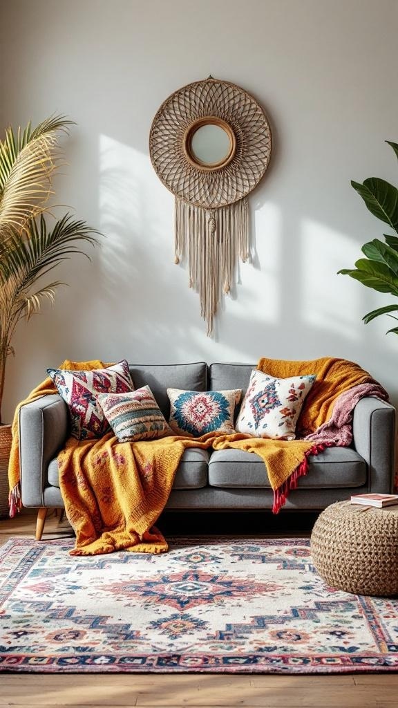 A cozy living room featuring a grey couch with colorful pillows, a yellow throw blanket, a patterned rug, and potted plants, showcasing eclectic bohemian vibes.