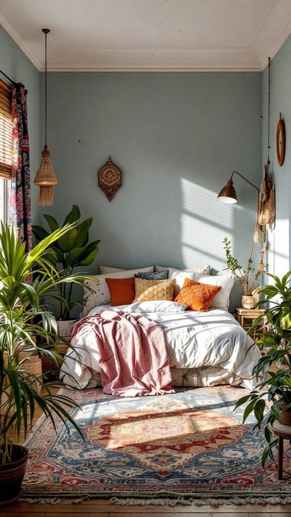 A cozy bohemian bedroom with blue walls, a bed with colorful pillows, a patterned rug, and indoor plants.