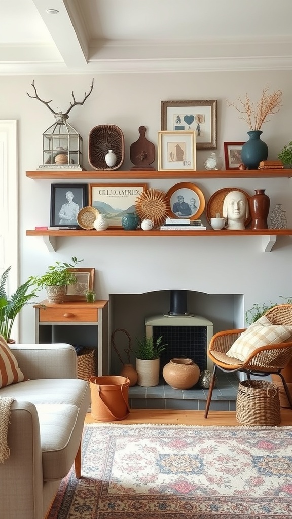 A cozy living room with eclectic decorative items on shelves, including pottery, art, and natural elements.