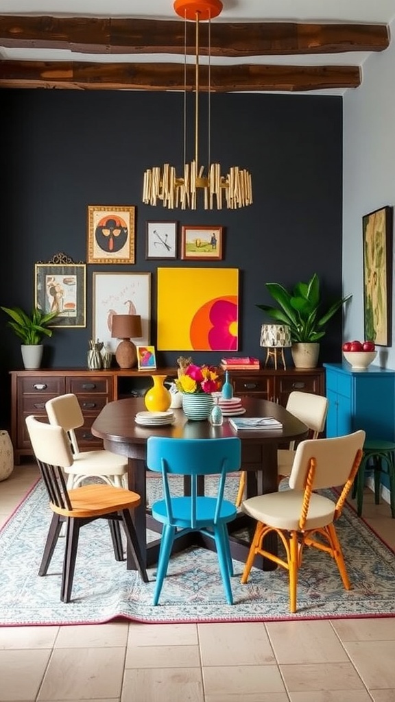 A cozy dining room featuring a round wooden table surrounded by eclectic chairs in different colors and patterns, with vibrant artwork on the wall.