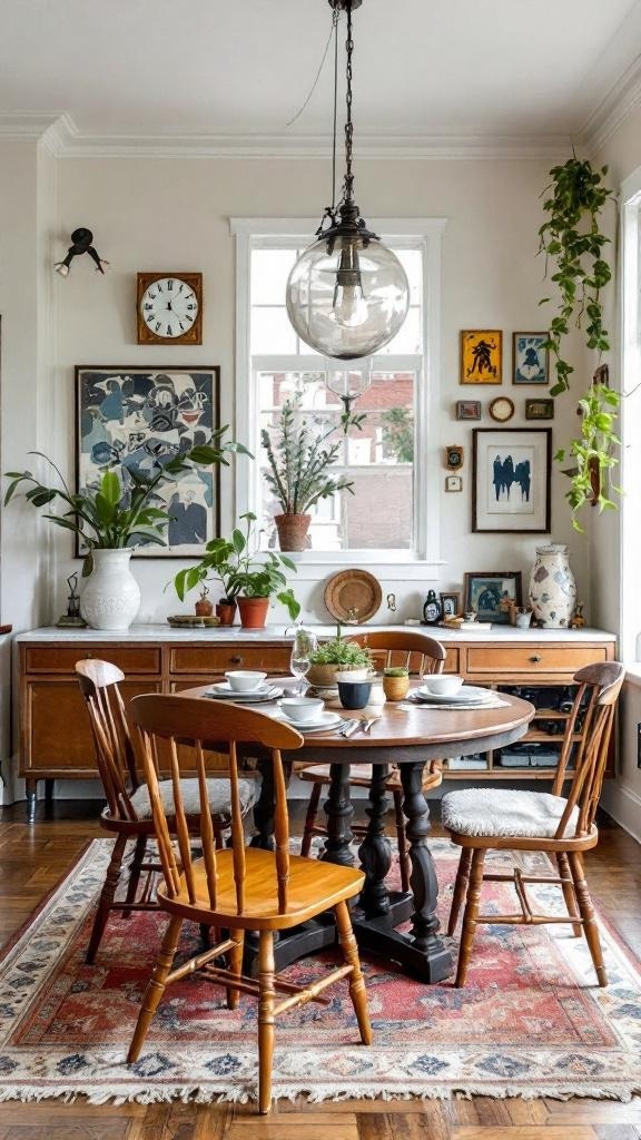 A cozy dining room featuring a round wooden table with mixed vintage chairs, surrounded by plants and eclectic wall art.