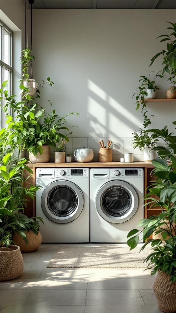 A modern laundry room featuring two washing machines surrounded by various indoor plants in woven baskets.