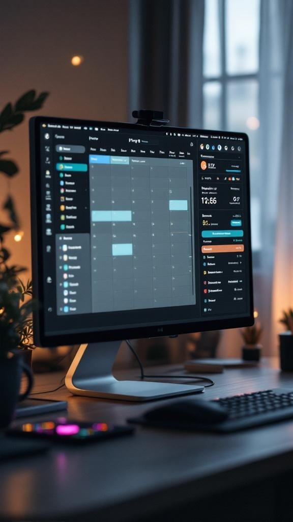 A modern computer monitor displaying a digital calendar and task management interface, set in a cozy home office environment.
