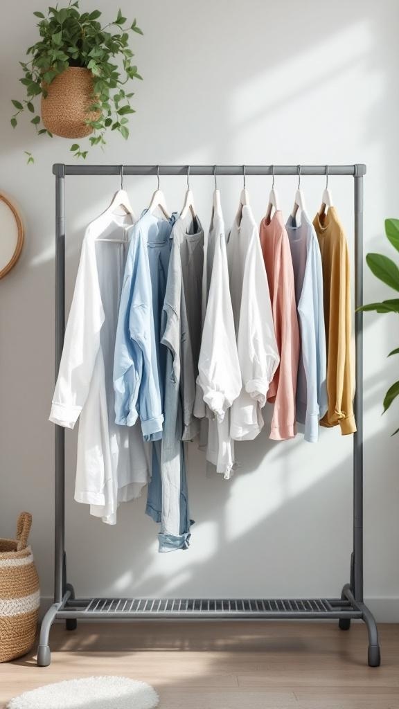 A modern drying rack with various shirts hanging in a bright, airy room.