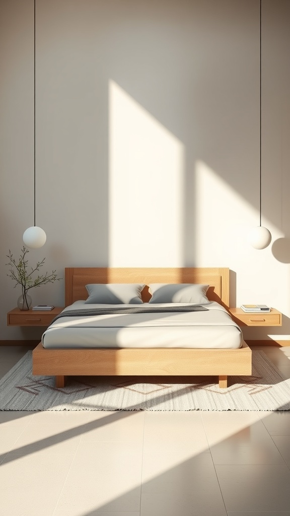 A minimalist bedroom featuring a wooden bed frame, soft bedding, and modern pendant lights.