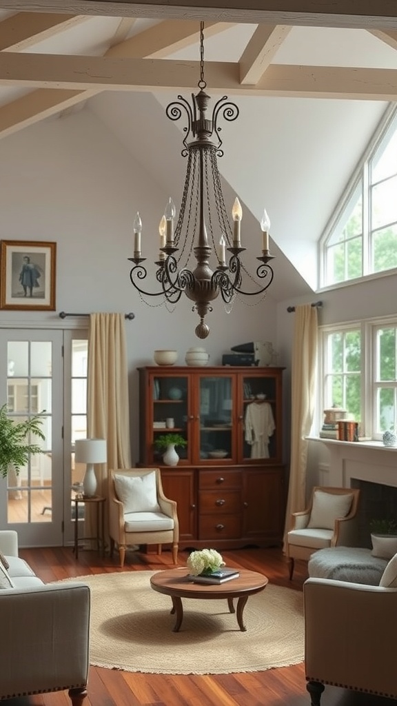 A cozy living room with a chandelier, comfortable seating, and large windows