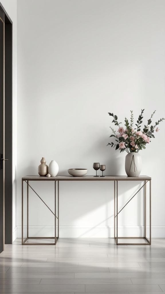 A modern entryway table with decorative items and flowers