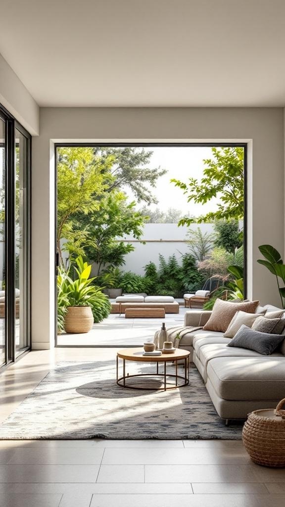 A stylish lounge room with large windows opening to a green outdoor space, featuring a cozy sofa and a round coffee table.