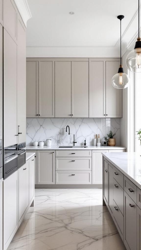 A modern French style kitchen with light cabinetry, marble backsplash, and elegant lighting.