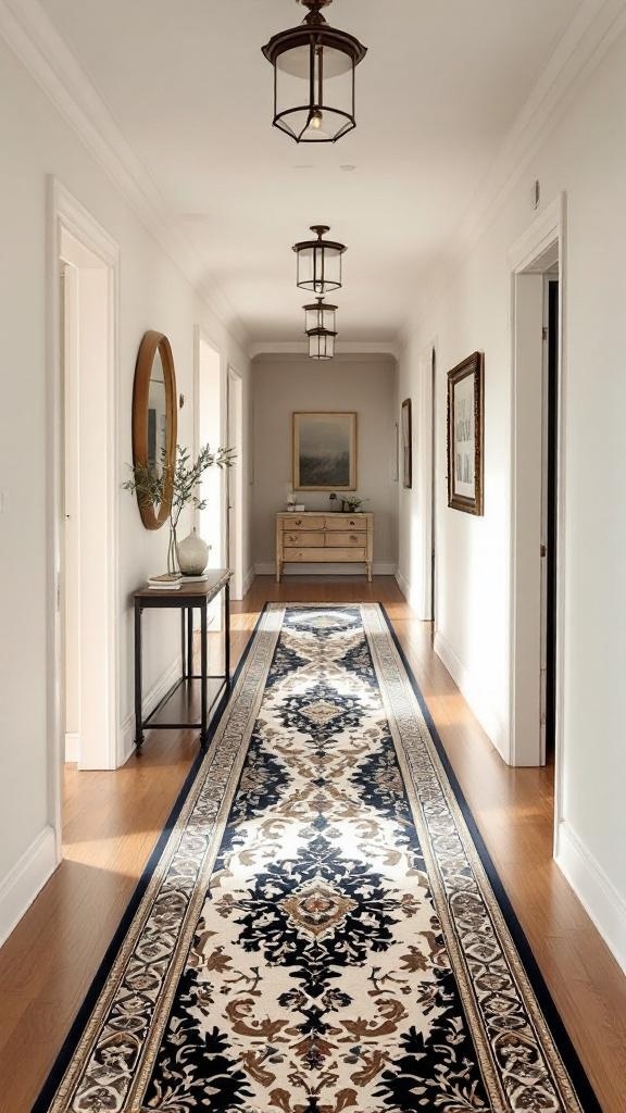 A long hallway with a decorative runner rug, featuring warm lighting and stylish decor.