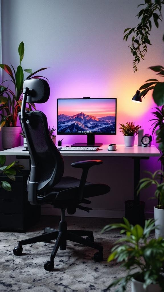 An ergonomic desk setup featuring a supportive chair, a monitor at eye level, and plants for a cozy atmosphere.